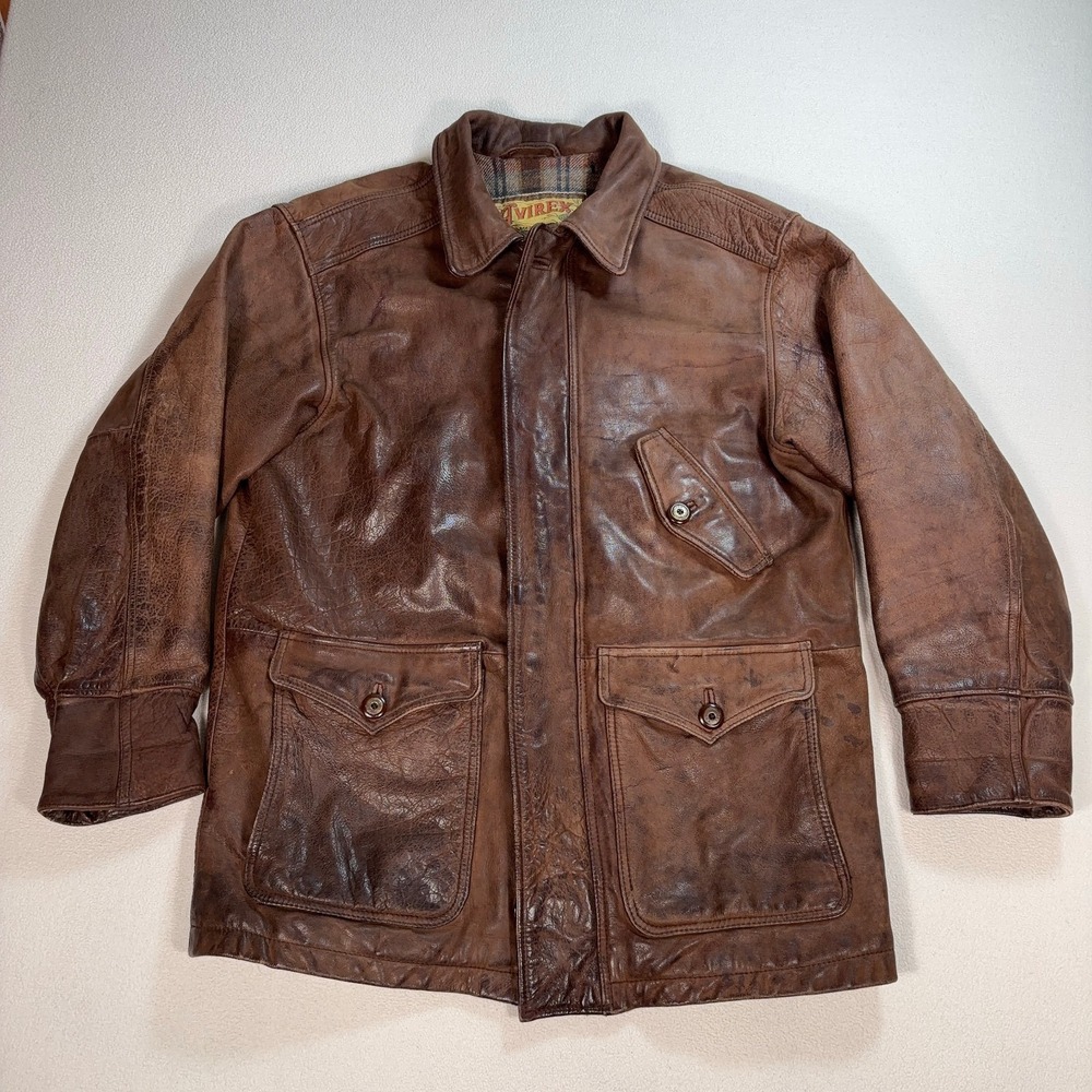 Avirex Genuin Leather Jacket Men's L Brown Plaid‎ Flannel Lined Heavyweight
